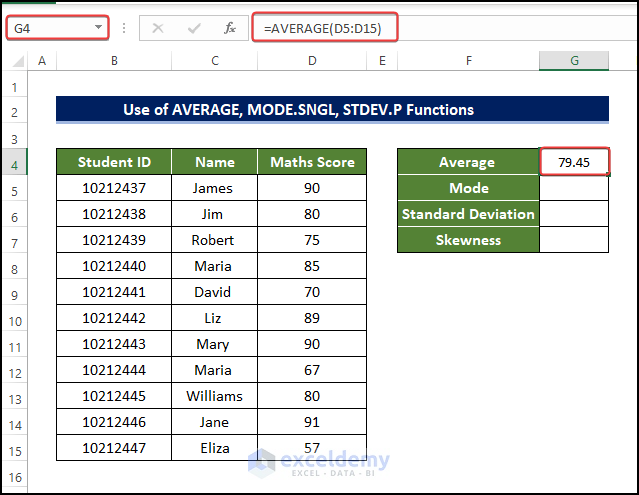 Use AVERAGE, MODE.SNGL, STDEV.P Functions to calculate coefficient of skewness in excel