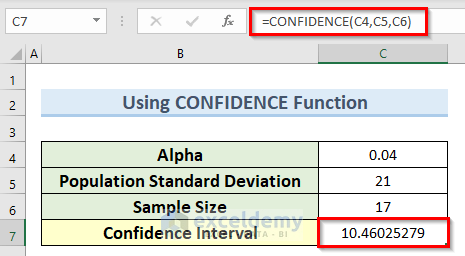 example of confidence compatibility function in Excel