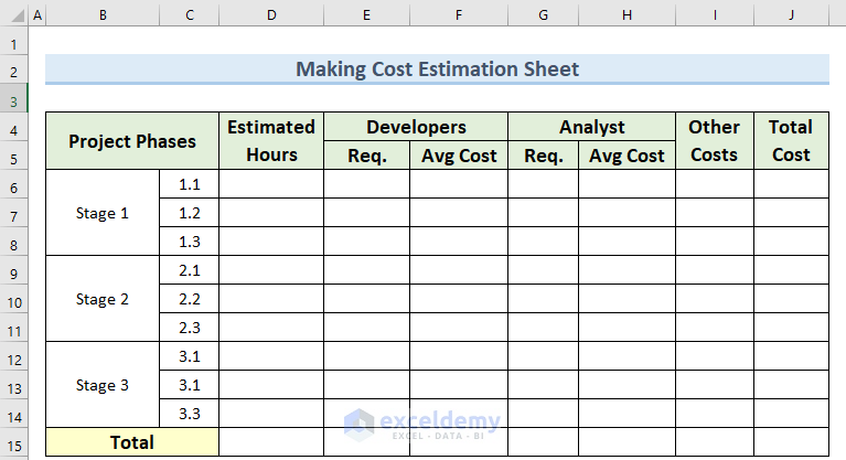 cost estimation excel sheet