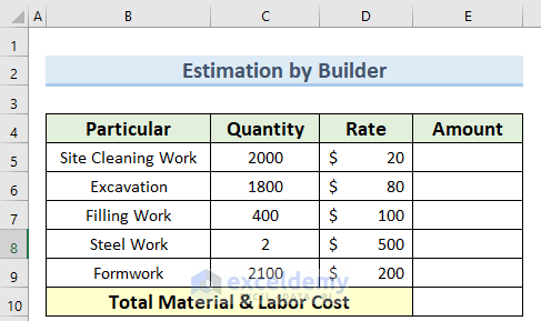 starting dataset to make a cost estimation sheet in Excel