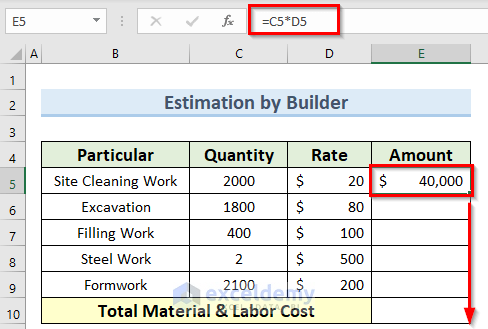 cost amount formula to make a cost estimation sheet in Excel