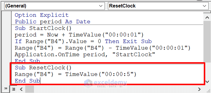 Establish Another Macro to Reset the Countdown Timer in Excel