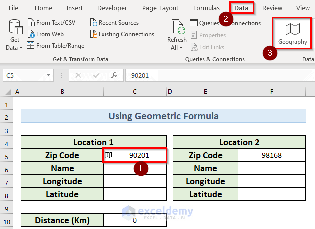 converting to geography to find the distance between zip codes in Excel using a formula