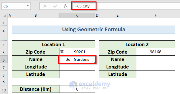 finding location name to find the distance between zip codes in Excel using a formula