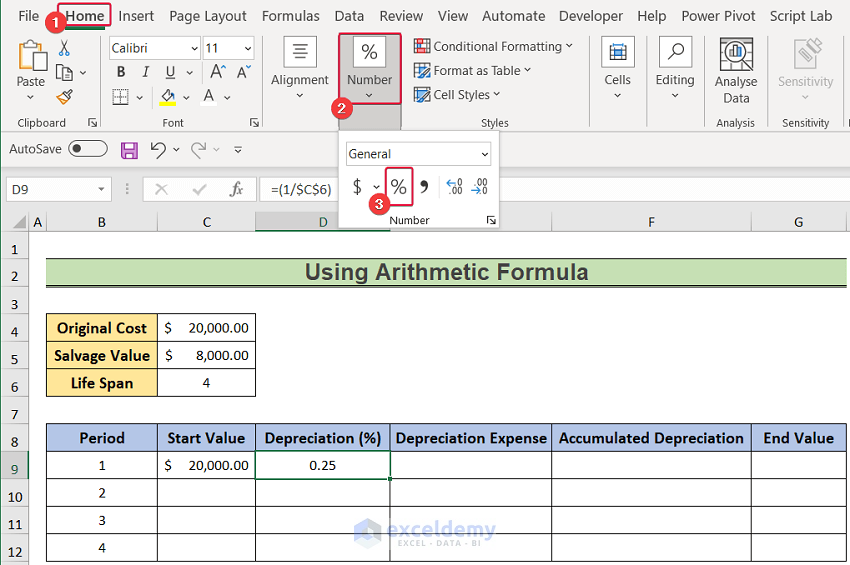 changing number type to calculate double declining depreciation in excel