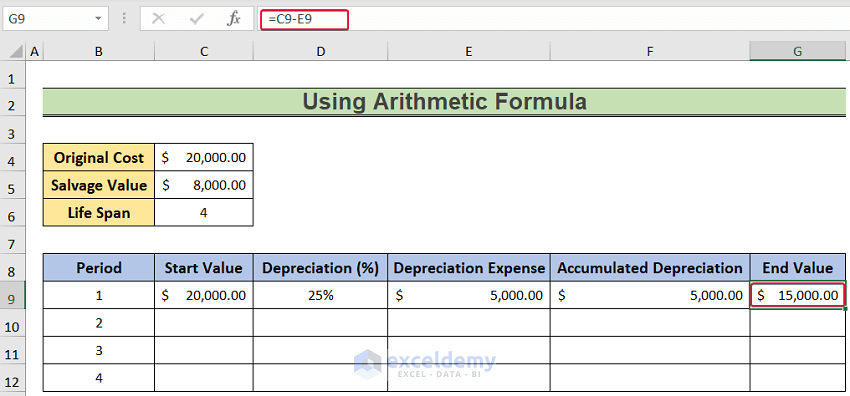 calculating end value to calculate double declining depreciation in excel