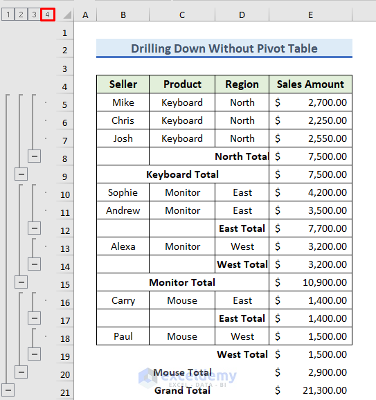 Drill down in Excel without Pivot Table
