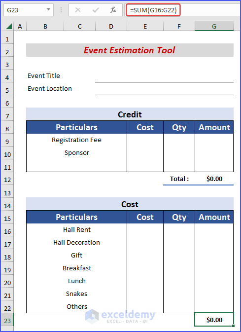 Calculating total by the SUM function in estimation tool