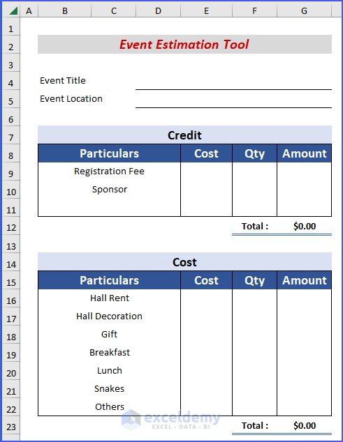 Estimating Cost Section in Estimation Tool in Excel