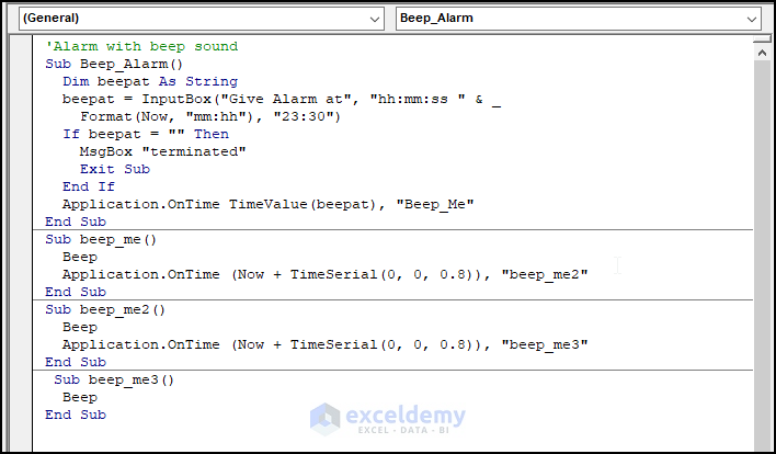 Setting Alarm Clock with Beep Sound in Excel