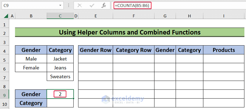 counting values of gender column to get all combinations of 2 columns in excel