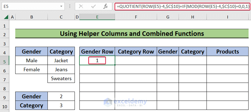 getting gender row number to get all combinations of 2 columns in excel