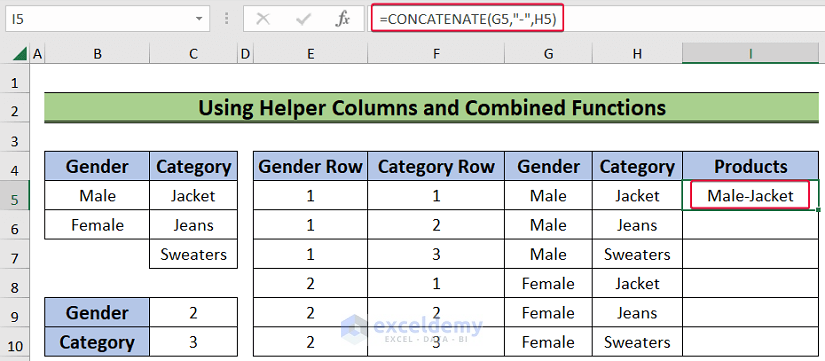 using concatenate function to get all combinations of 2 columns in excel