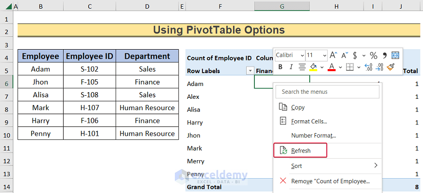 clicking refresh to clear pivot cache in excel