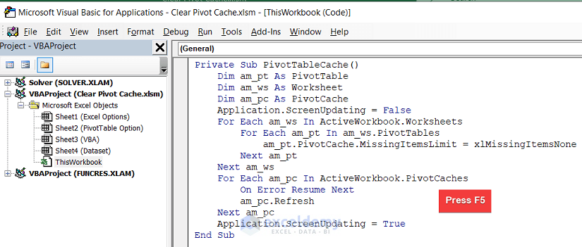 running codes to clear pivot cache in excel