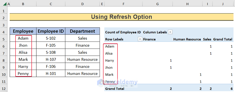 using refresh option to clear pivot cache in excel