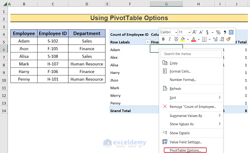 going to pivot options to clear pivot cache in excel