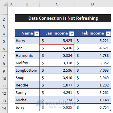 Data connection not refreshing in Excel file