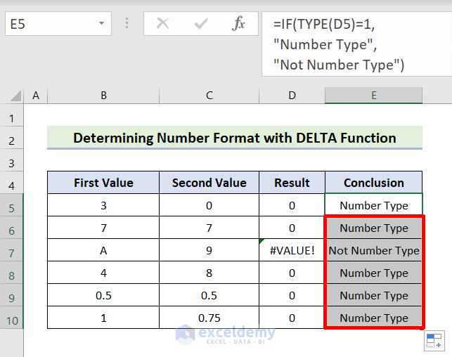 Output of Utilizing DELTA Function to Determine Number Format in Excel