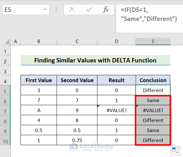 Output of Finding Similar Values Between Two Columns Through DELTA Function