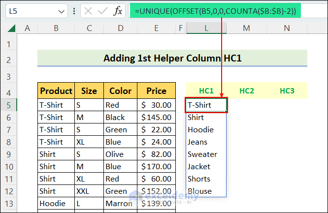 Add a Helper Column That Will Have an Updated Unique List of Products