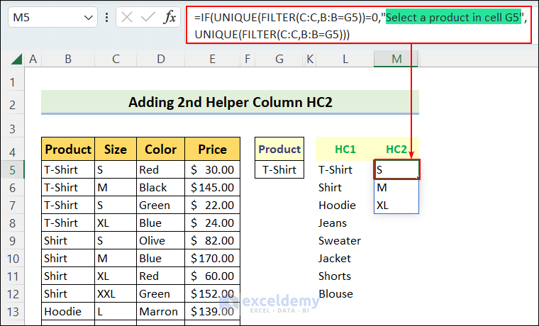 Add Next Helper Column That Will Have All Available Sizes for the Item Selected from 1st Dropdown List