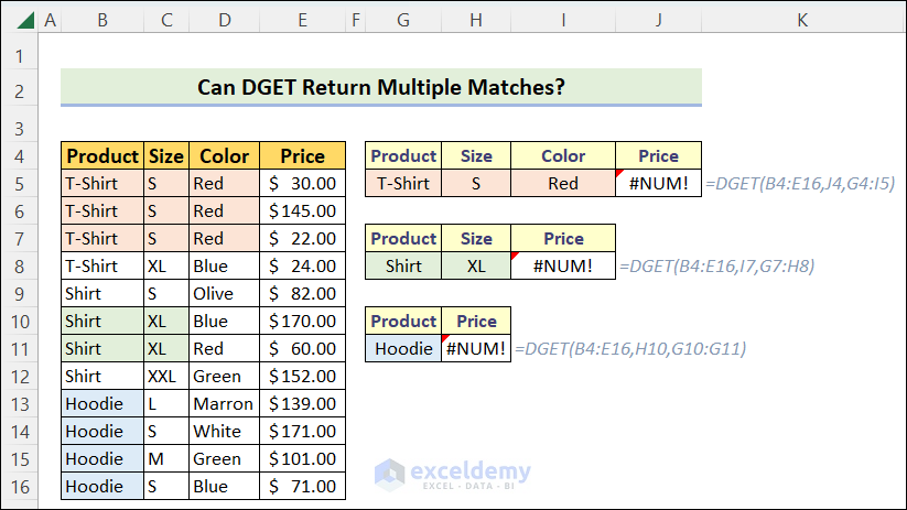 Excel DGET Function Cannot Return Multiple Records