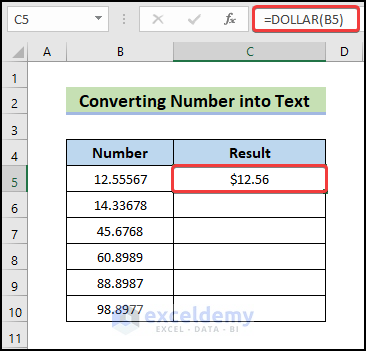 convert number into text to Use DOLLAR Function in Excel