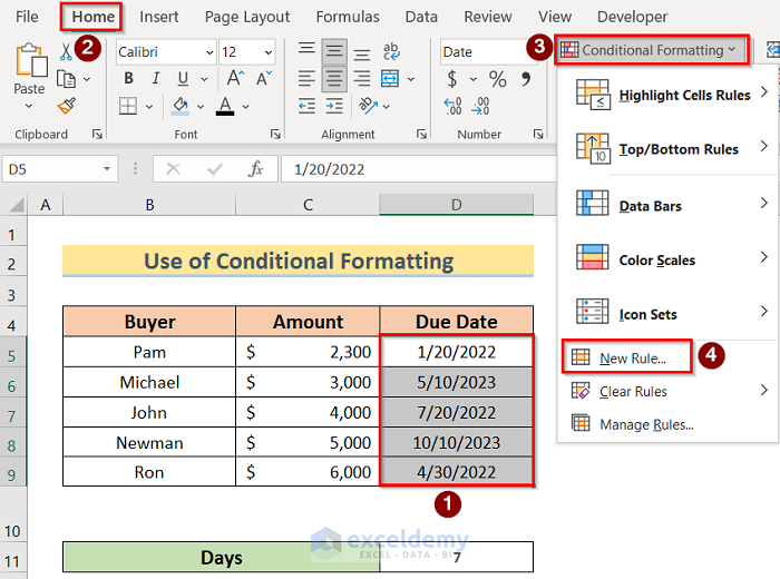Conditional Formatting to Set Due Date Reminder Formula in Excel