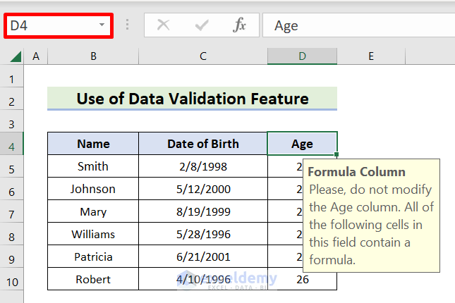 Output of Utilizing Data Validation Feature to Generate Dynamic Tooltip