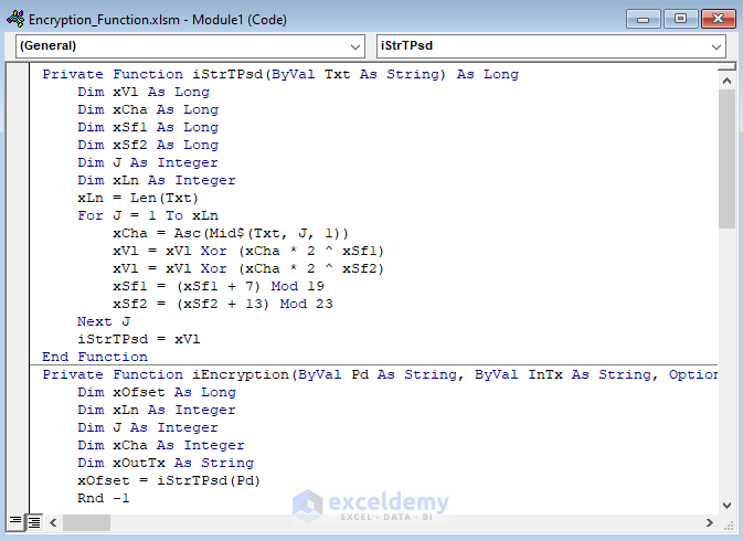 excel encryption function code