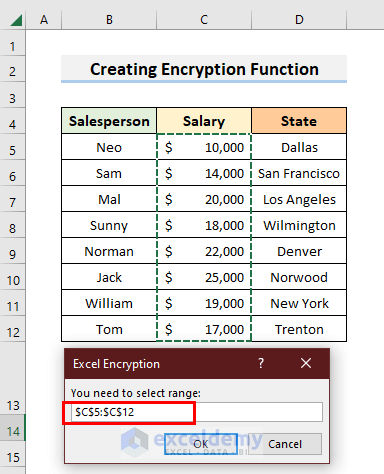 excel encryption function set range