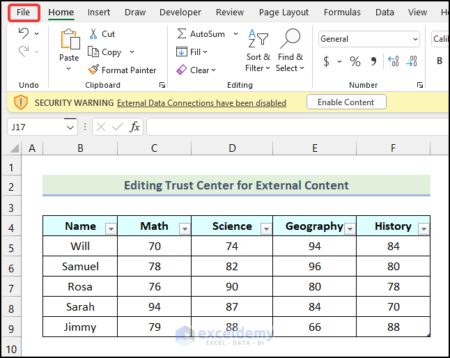 Editing Trust Center for External Content to remove the warning message, "External Data Connections have been disabled" in Excel