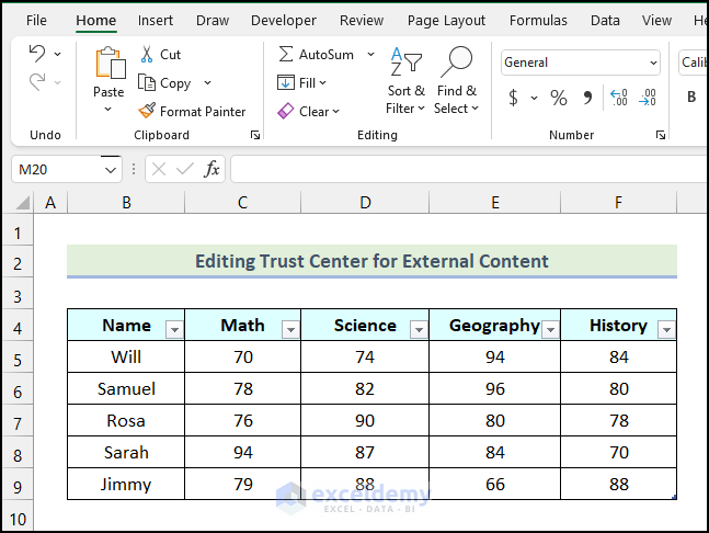 Final output of method 2 to remove the warning message, "External Data Connections have been disabled" in Excel