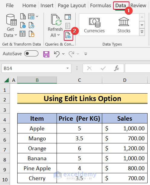 using edit links option to find external data connections in excel