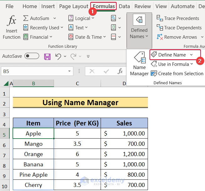 clicking on the define name command to find all data connections in excel