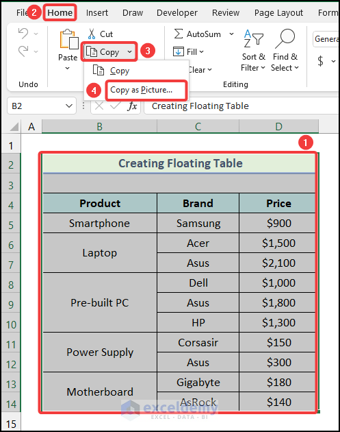 How to Create Floating Table in Excel