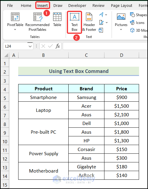 Using Text Box Command from Insert Tab to create a floating text box in Excel