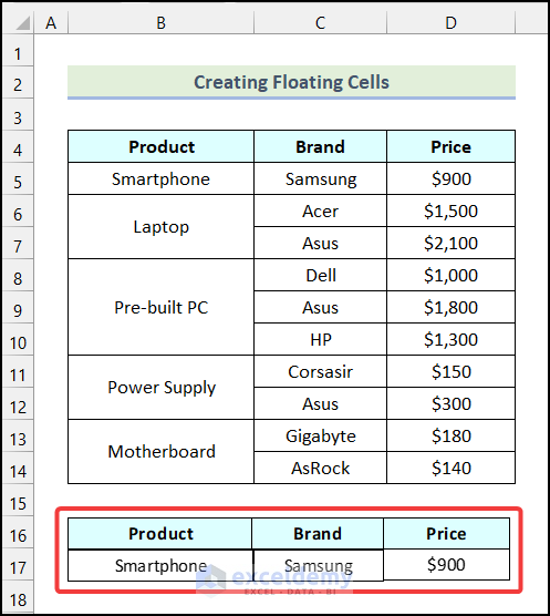 Final output of method 4 to Create Floating Cells in Excel
