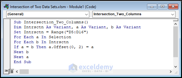 VBA code to find intersection of two data sets in Excel