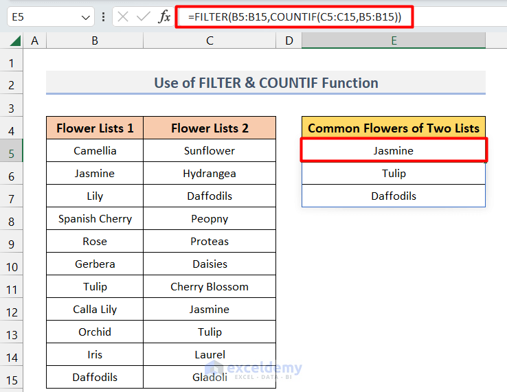 Combining FILTER and COUNTIF Functions to Find Intersection of Two Lists