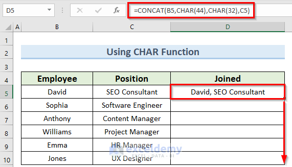 char function to use the join formula in Excel