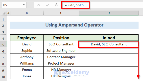 ampersand operator to use the join formula in Excel