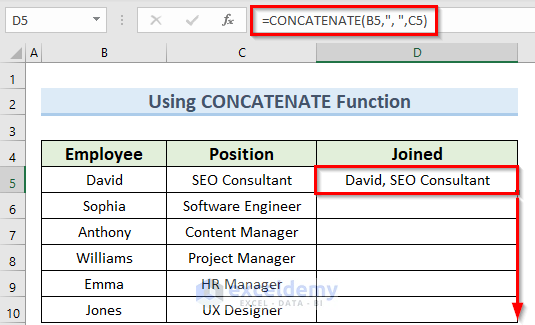 concatenate function to use the join formula in Excel