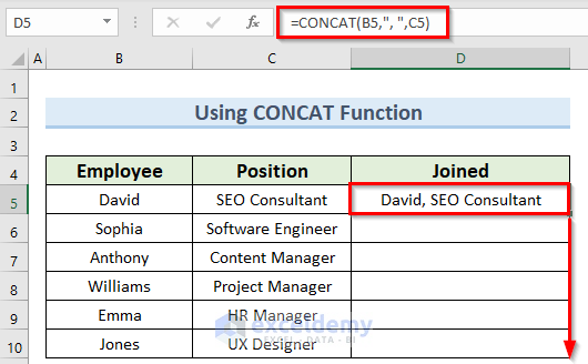 concat function to use the join formula in Excel