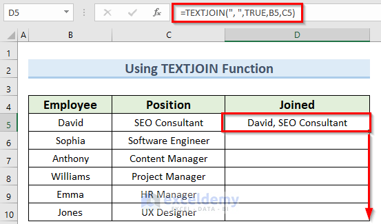 textjoin function to use the join formula in Excel