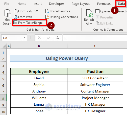 select table to use the join formula in Excel