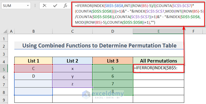 Insert Formula to Determine Permutation Table in Excel