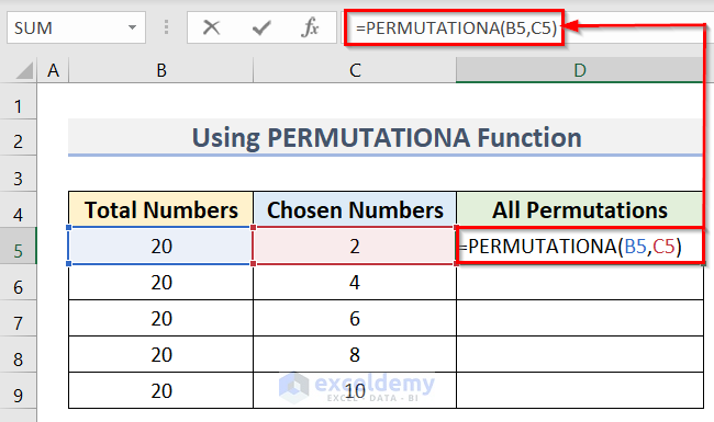 Insert Function to Determine Permutation Table in Excel