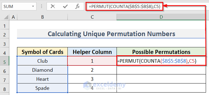 Insert formula to Determine Permutation Table in Excel